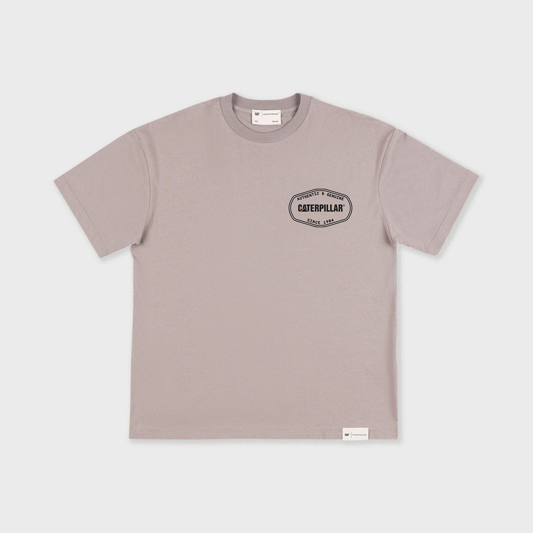 Beige t-shirt with a logo on a light gray background