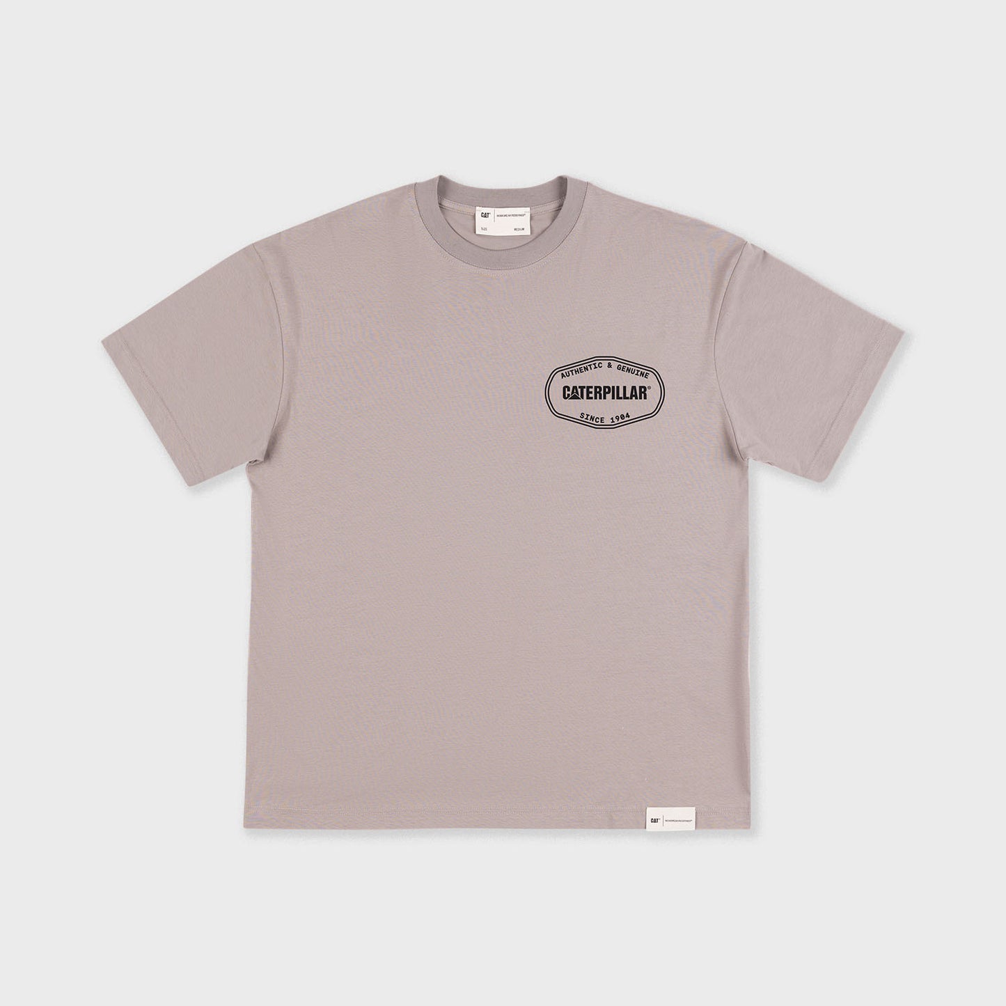 Beige t-shirt with a logo on a light gray background